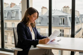 Femme professionnelle consultant un contrat de location de bureau dans un espace de travail parisien avec vue sur les toits haussmanniens