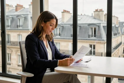 Femme professionnelle consultant un contrat de location de bureau dans un espace de travail parisien avec vue sur les toits haussmanniens