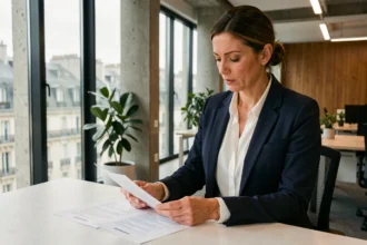 Femme professionnelle comparant des offres de location de bureaux dans un espace de coworking moderne à Paris