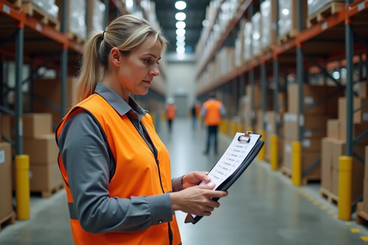 Femme logisticienne en gilet haute visibilité étudiant un planning de rotation 5x8 dans un entrepôt, illustrant la transition vers de nouveaux horaires de travail décalés