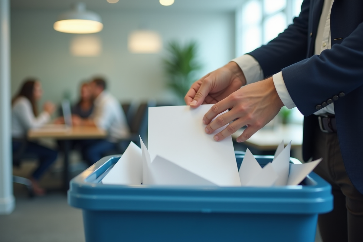 Main déposant du papier dans une poubelle de recyclage en entreprise