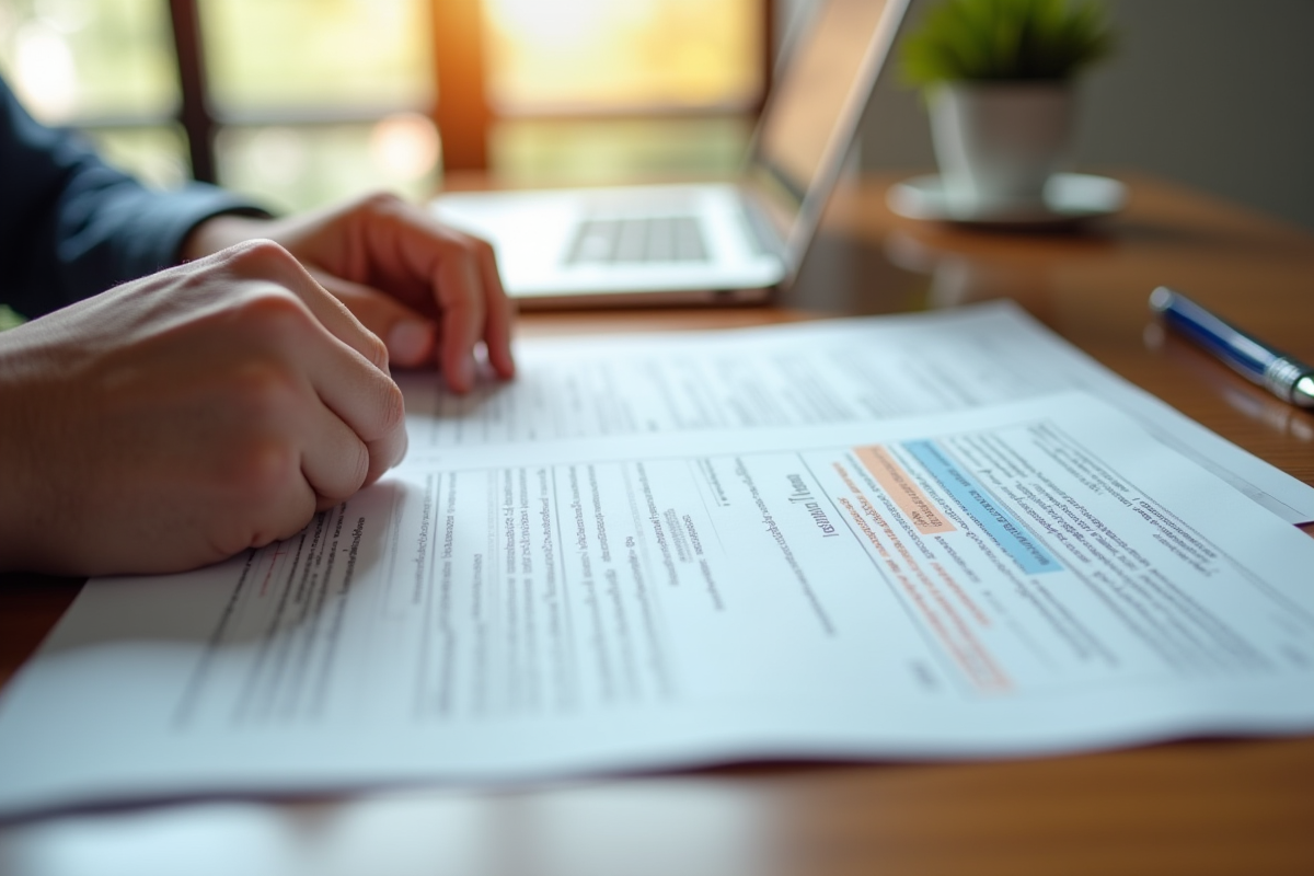 Mains examinant des documents juridiques avec surlignages