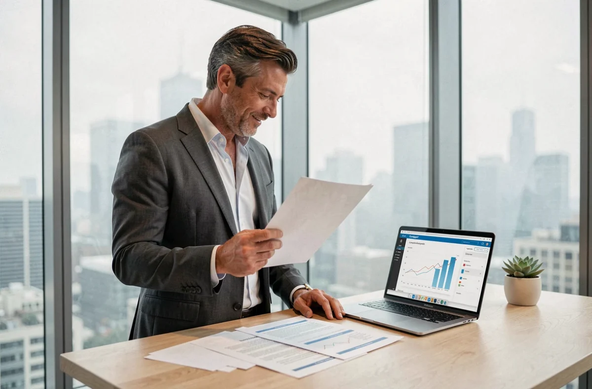 Manager B2B consultant des rapports de veille concurrentielle et un outil d'analyse stratégique sur ordinateur portable