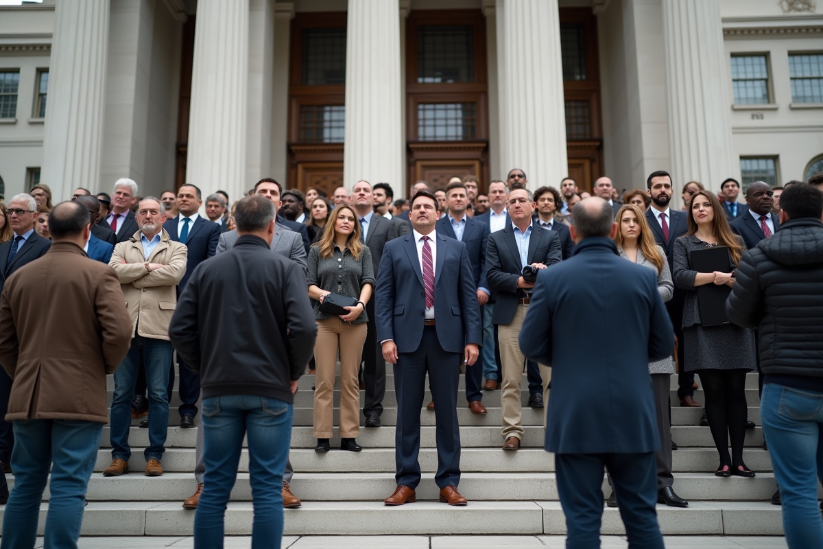 Groupe de civils devant un bâtiment gouvernemental en ville