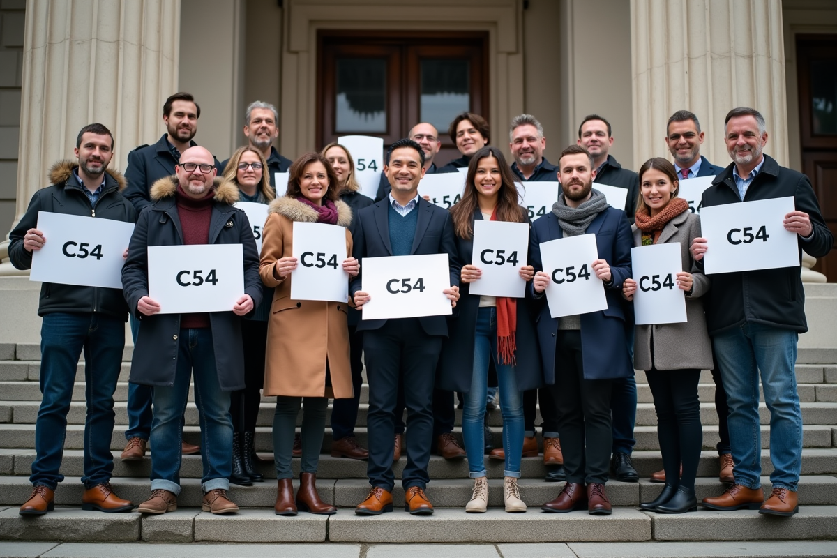 Groupe de personnes avec pancartes C54 devant un bâtiment public