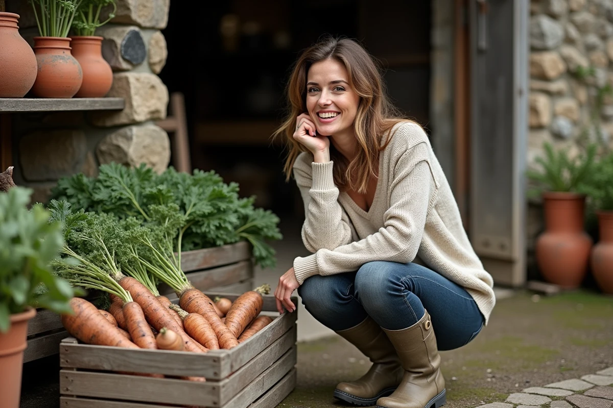 Femme découvrant les légumes frais du marché à la ferme lors d'un week-end à la Ferme du Fays