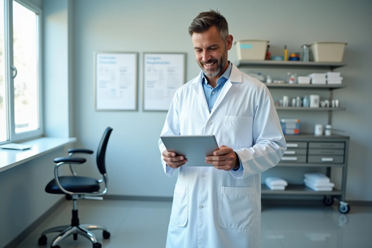 Médecin consultant son agenda en ligne via une application de gestion de rendez-vous sur tablette dans son cabinet