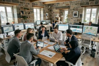 Équipe d'experts SEO travaillant dans un bureau moderne en Bretagne, représentant les meilleures agences SEO du Morbihan