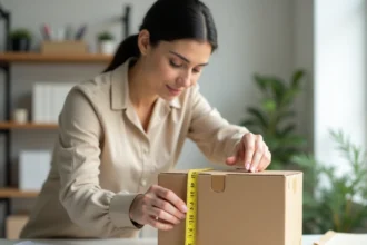 Femme mesurant un colis carton avec un mètre ruban pour respecter les dimensions maximales Chronopost