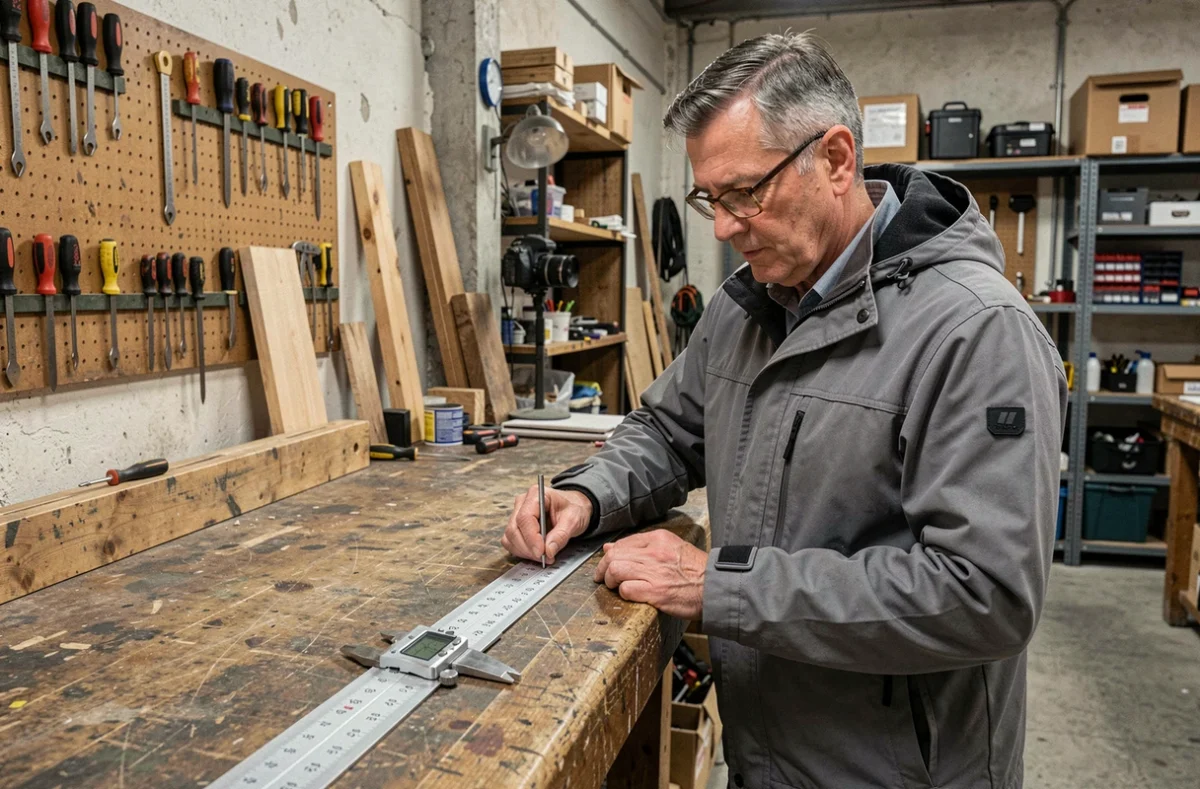 Homme utilisant un pied à coulisse et une règle double unité pouces et centimètres dans un atelier professionnel