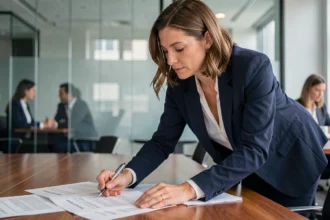 Femme professionnelle en blazer marine négociant un contrat de travail 39h dans une salle de réunion moderne
