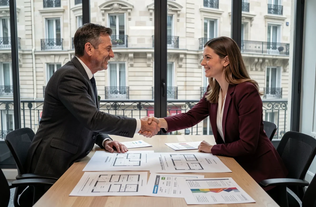 Deux professionnels concluant un accord de location de bureau à Paris avec des documents de comparaison de prix sur la table de réunion