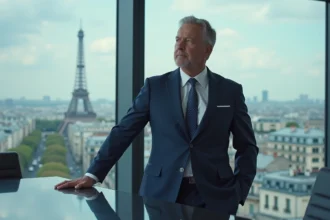 PDG de L'Oréal en costume marine dans une salle de réunion moderne avec vue sur Paris, posture assurée et regard visionnaire