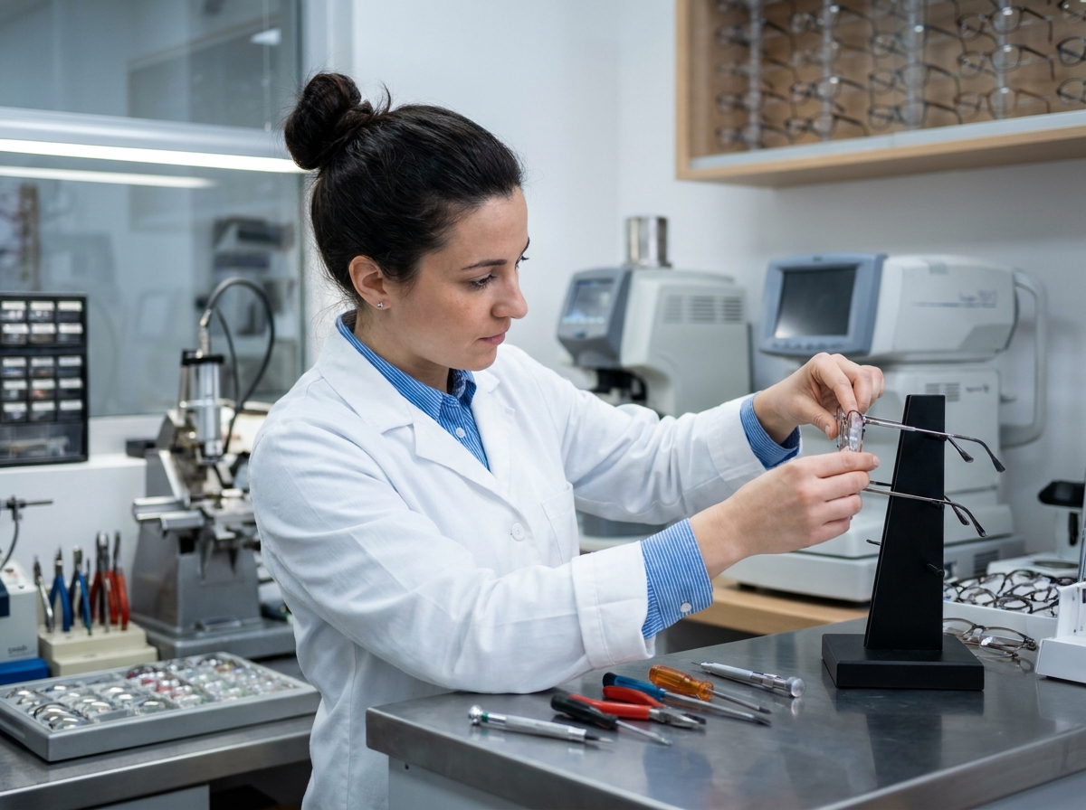 Opticienne ajustant des lunettes remboursées dans un atelier optique professionnel en France