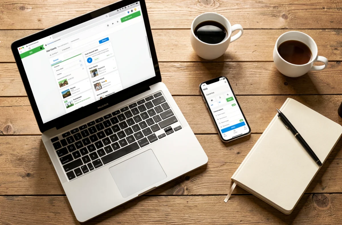 Ordinateur portable et téléphone posés sur un bureau avec un carnet de notes