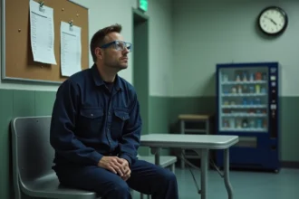 Ouvrier en 3x8 assis dans une salle de pause industrielle, regardant un planning de travail affiché, exprimant la fatigue et l'incertitude face au changement de rythme en 5x8