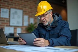 Ouvrier en casque et veste bleue utilisant une tablette dans un bureau moderne