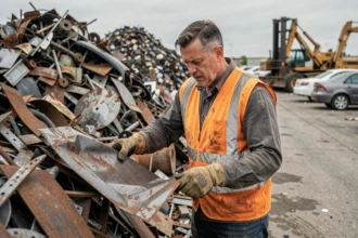 Ouvrier évaluant de la ferraille dans un centre de rachat Derichebourg, entouré de métaux recyclés triés