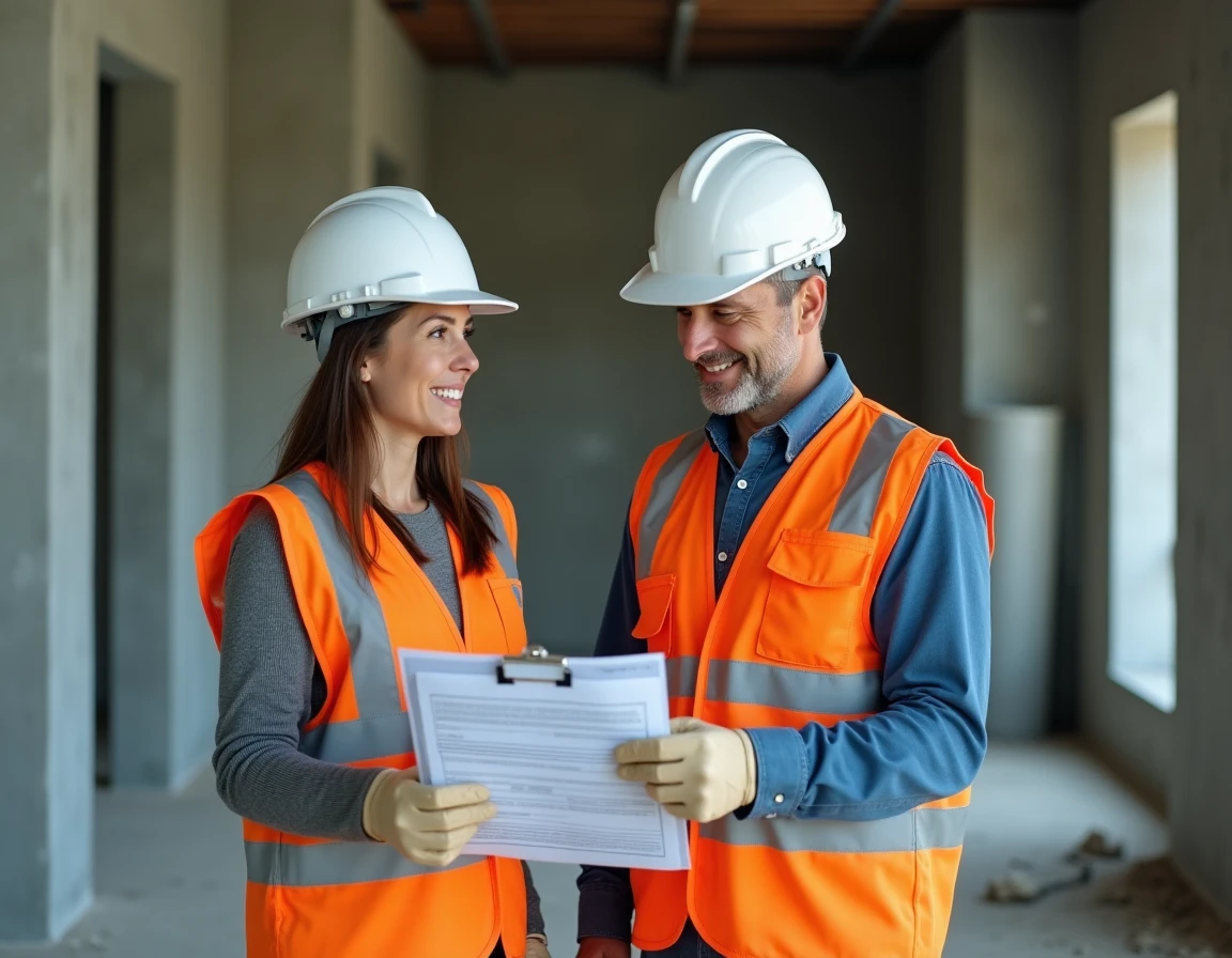 Deux ouvriers BTP en équipement de protection vérifiant des formulaires de conformité sur un chantier de construction intérieur