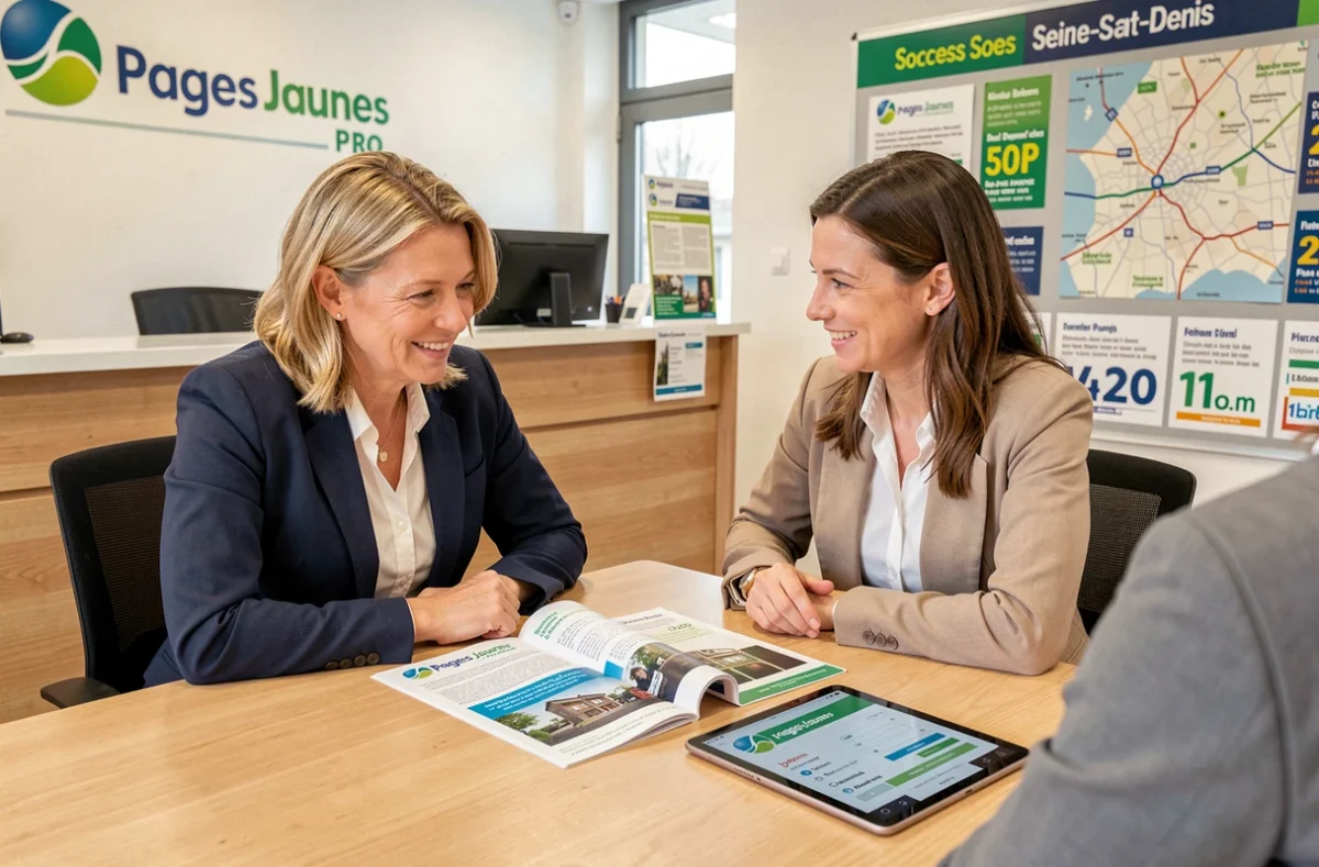 Conseillère Pages Jaunes Pro présentant une offre de communication locale à un entrepreneur en Seine-Saint-Denis