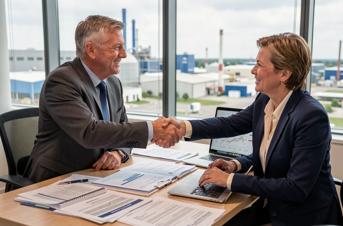 Deux partenaires commerciaux se serrant la main autour de documents officiels pour un projet industriel avec vue sur un parc industriel