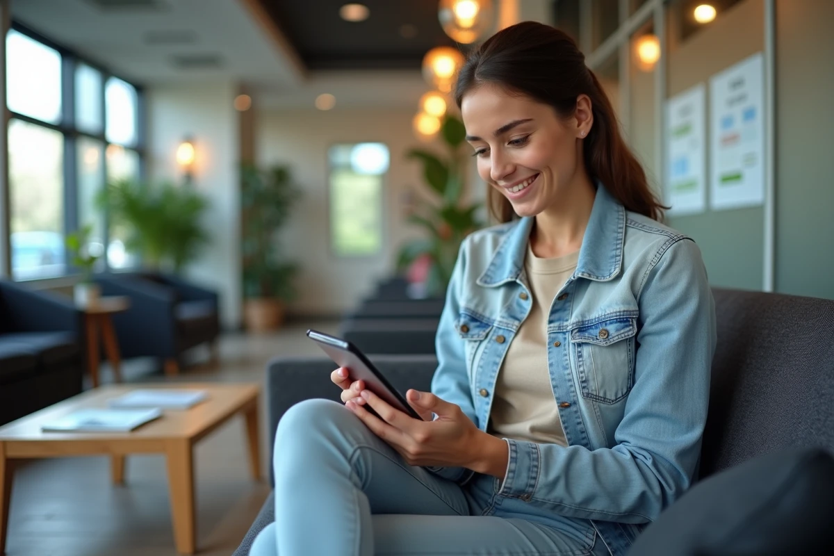 Patient prenant rendez-vous en ligne depuis son smartphone dans la salle d'attente d'un cabinet médical