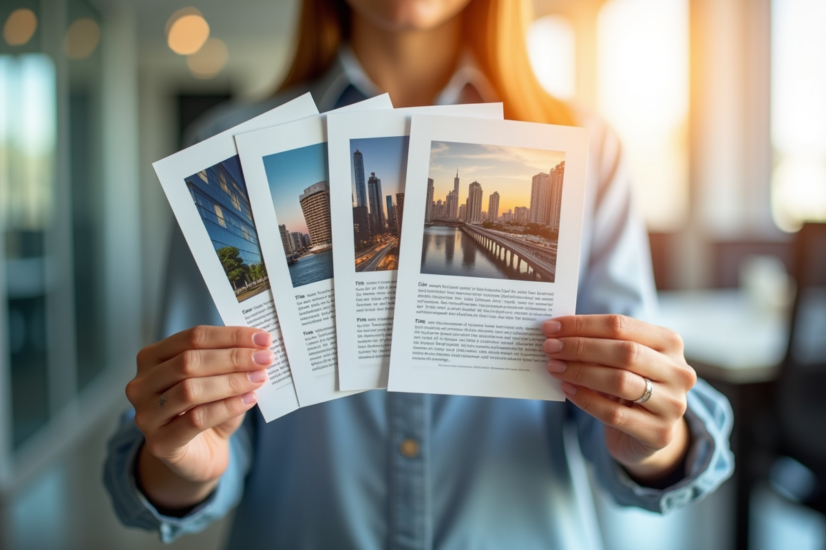 Personne tenant différents flyers dans un bureau moderne