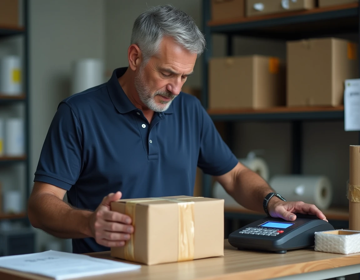 Homme pesant un colis sur une balance postale pour vérifier les limites de poids Chronopost sans surcoût