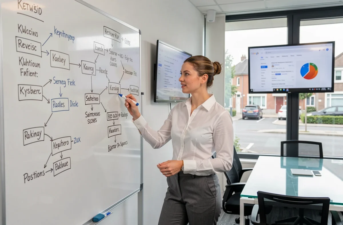 Consultante SEO de Position Zero expliquant une stratégie de référencement naturel sur un tableau blanc dans une salle de réunion moderne