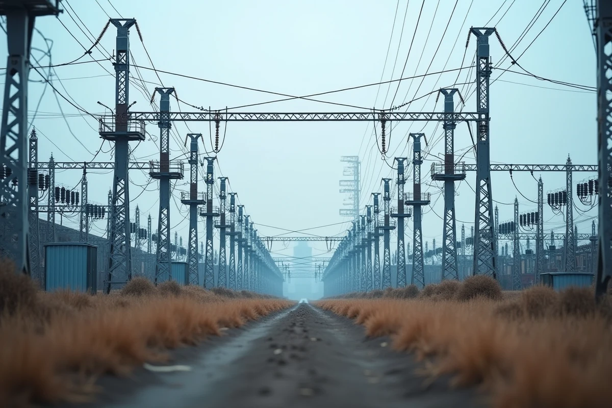 Poste de transformation haute tension au crépuscule avec pylônes électriques et câbles interconnectés, symbole des marchés de capacité et des flux d'énergie transfrontaliers
