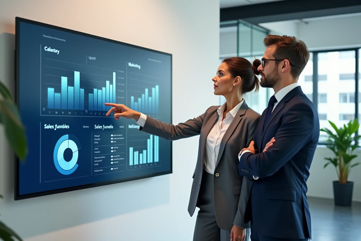 Consultante B2B présentant des indicateurs de performance commerciale et marketing sur un écran interactif