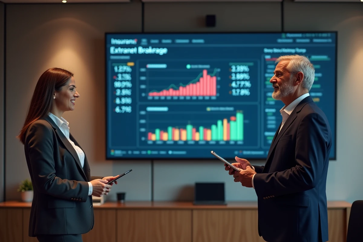Deux professionnels de l'assurance discutant des statistiques affichées sur un extranet courtage AXA lors d'une présentation