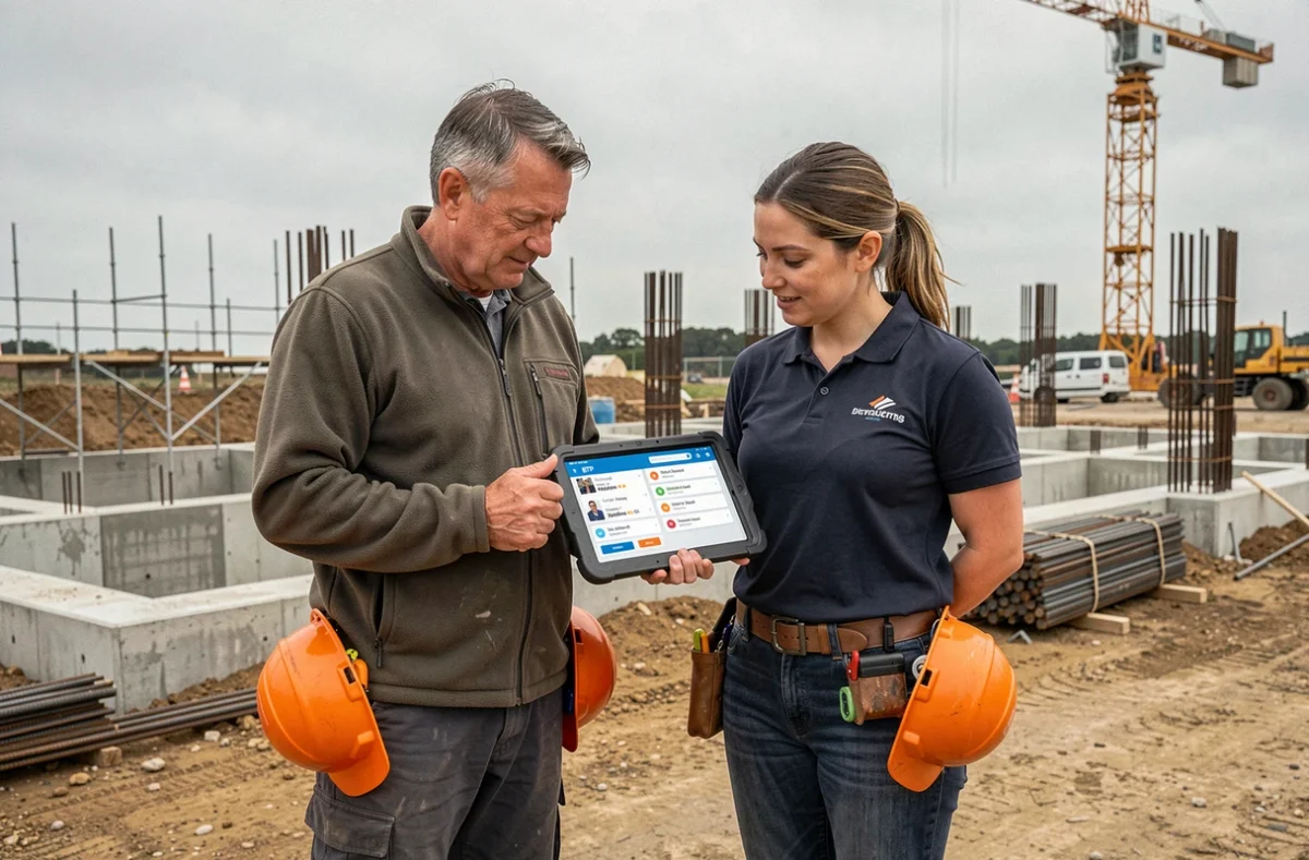 Deux professionnels du BTP consultant une plateforme de veille construction collaborative sur tablette en plein chantier