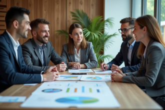 Groupe de professionnels analysant des graphiques CSR en réunion