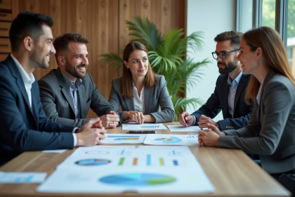Groupe de professionnels analysant des graphiques CSR en réunion