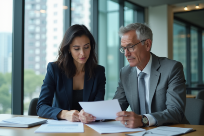 Deux professionnels en réunion dans un bureau moderne