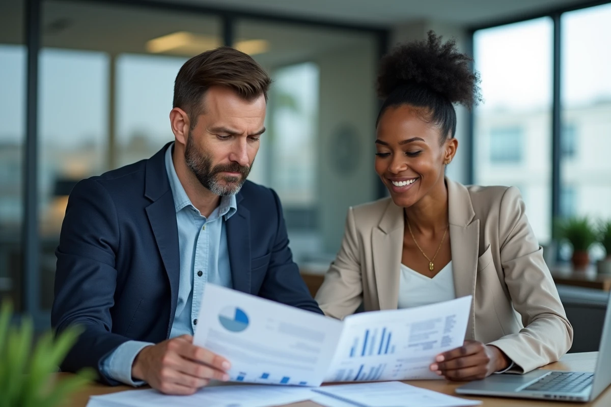 Homme et femme d'affaires regardant des documents financiers