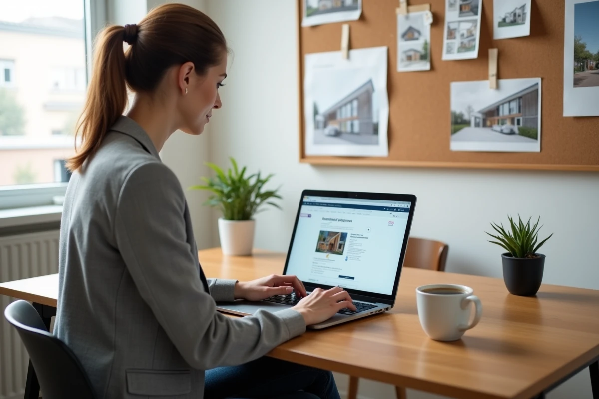 Femme recherchant un artisan qualifié sur une plateforme BTP depuis son bureau à domicile
