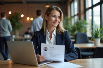 Femme cadre en reconversion professionnelle après un cabinet Big 4, assise dans un espace de coworking moderne avec un CV imprimé à la main
