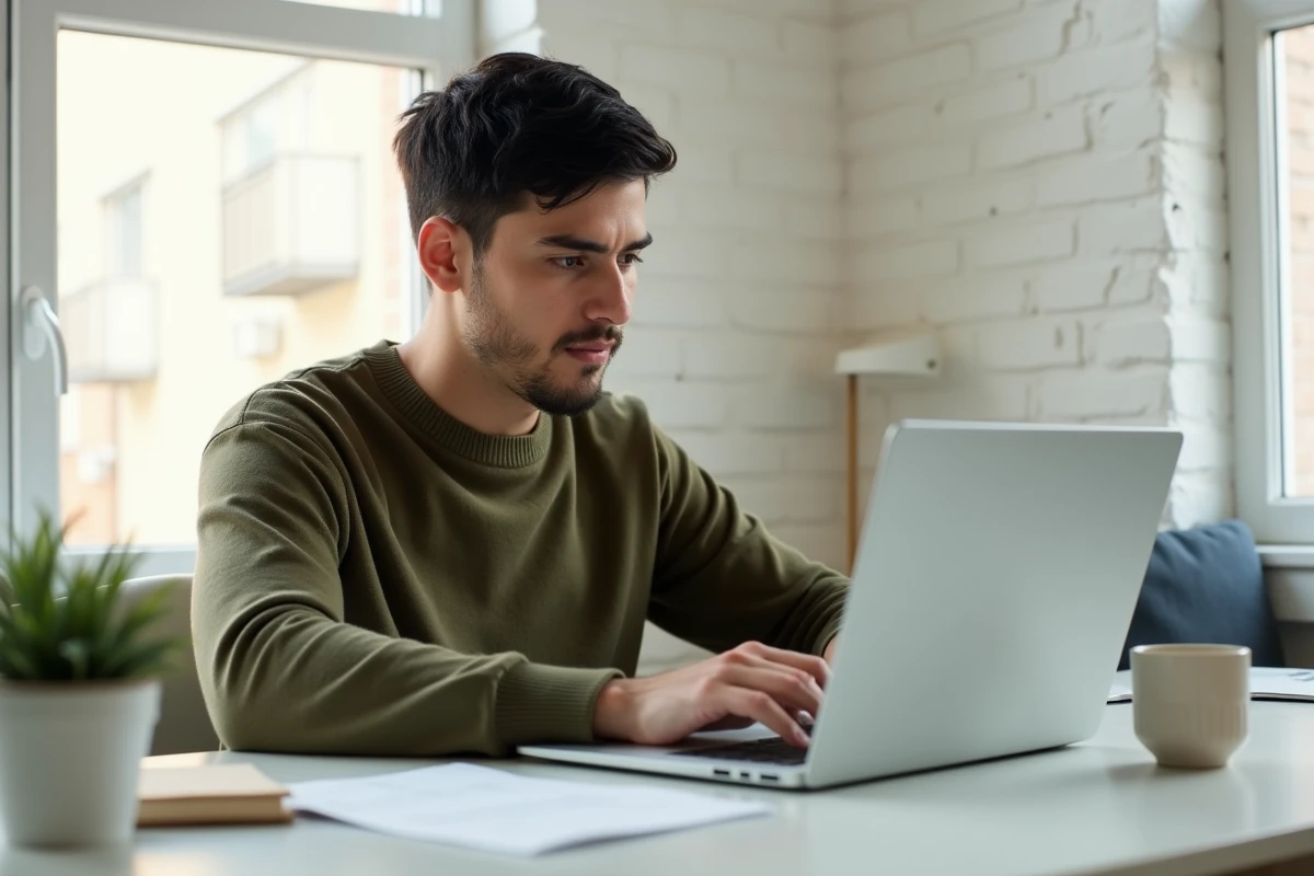 Jeune professionnel rédigeant un email de remerciements à un collègue depuis son bureau à domicile