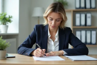Femme professionnelle rédigeant une lettre de démission à la main dans un bureau moderne et organisé