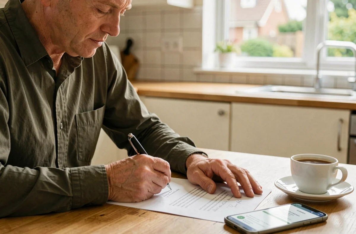 Personne rédigeant à la main une lettre de rupture conventionnelle à domicile avec un modèle sur smartphone