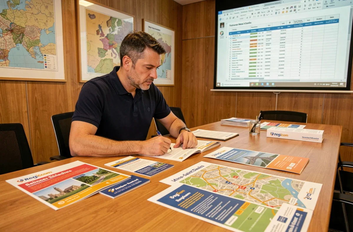 Responsable marketing de Regicom analysant des supports de campagne publicitaire régionale sur une table de réunion en Seine-Saint-Denis