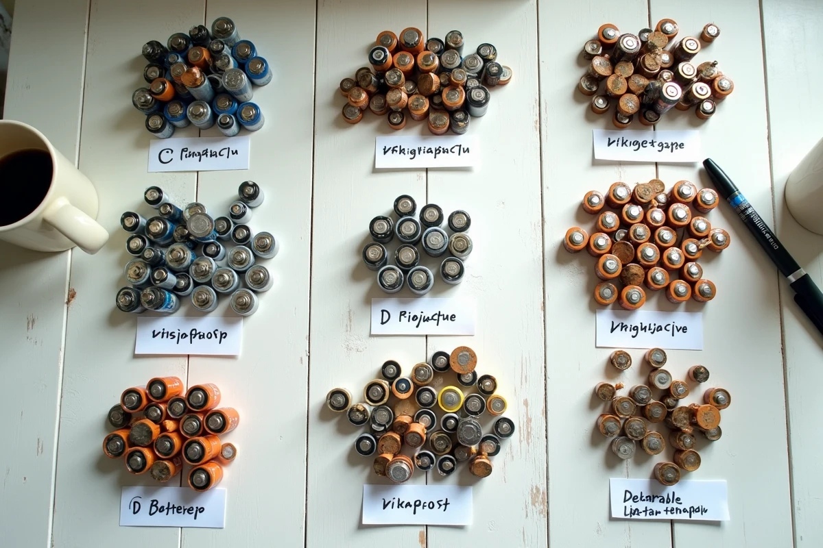 Vue de dessus de batteries usagées triées par type et regroupées sur une table pour optimiser le prix de reprise lors d'un dépôt chez Derichebourg