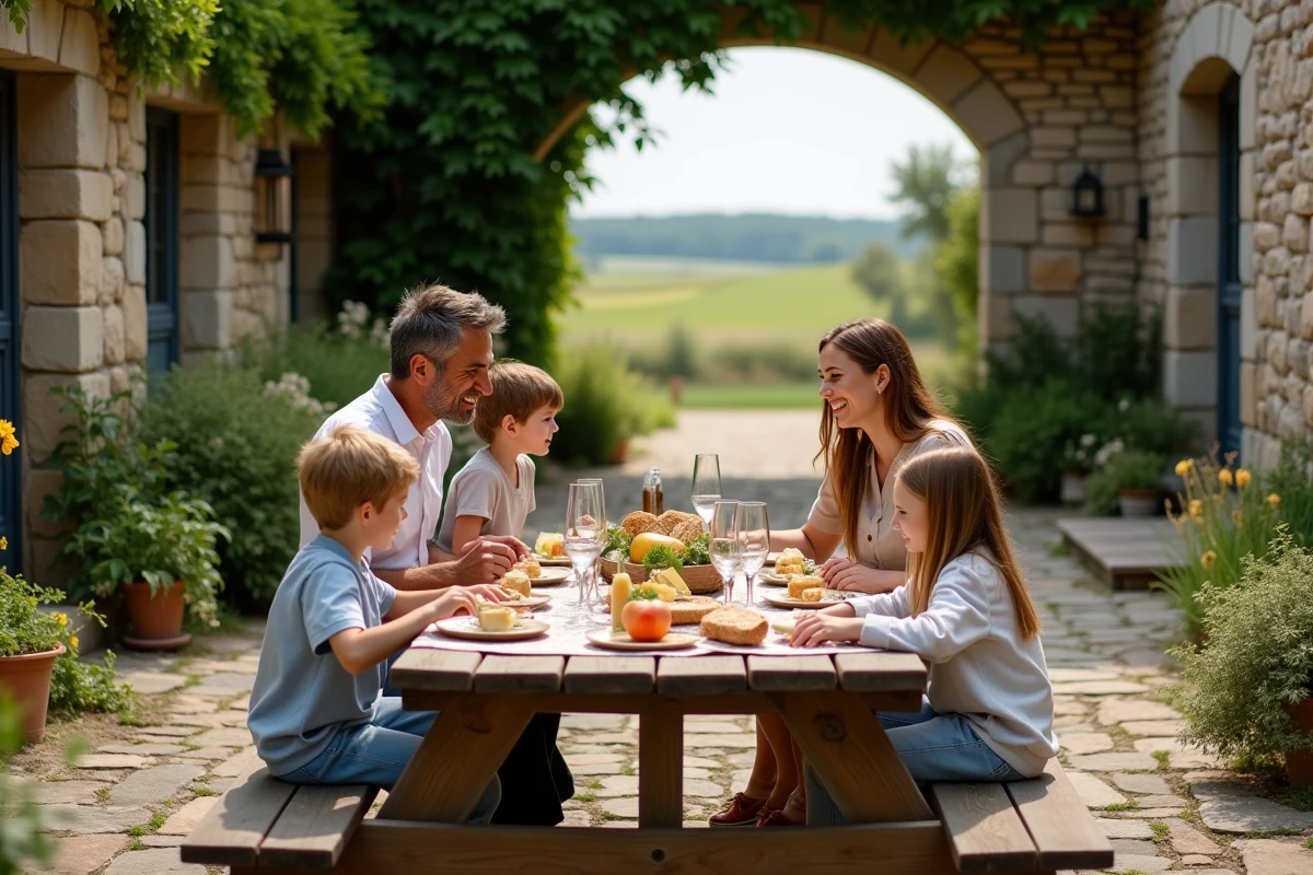Famille profitant d'un repas convivial en plein air dans la cour de la Ferme du Fays pendant un week-end à la campagne