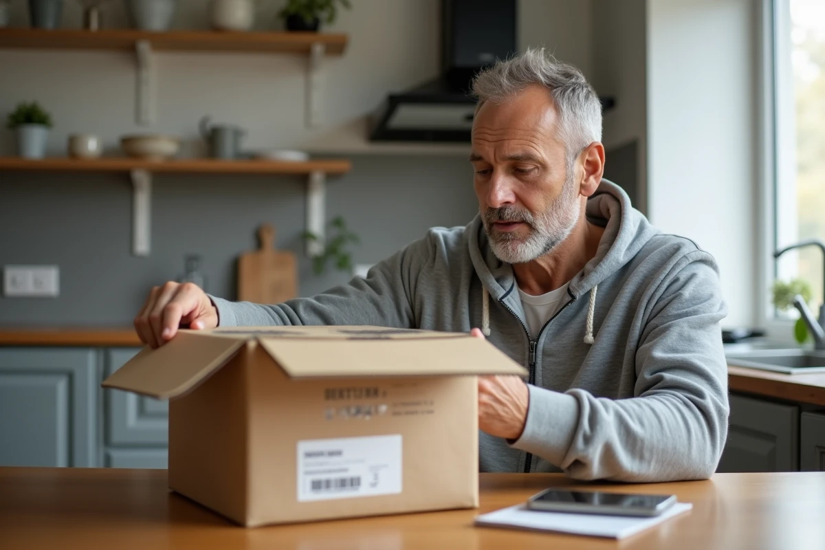 Homme consultant une étiquette de retour colis à domicile avec un smartphone affichant un service de livraison