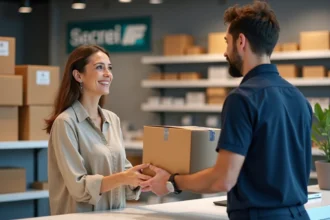 Femme déposant un colis volumineux au comptoir d'un service client de livraison pour un retour ou échange