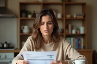 Femme examinant un devis signé à domicile avec une expression préoccupée, illustrant le droit de rétractation après signature chez soi