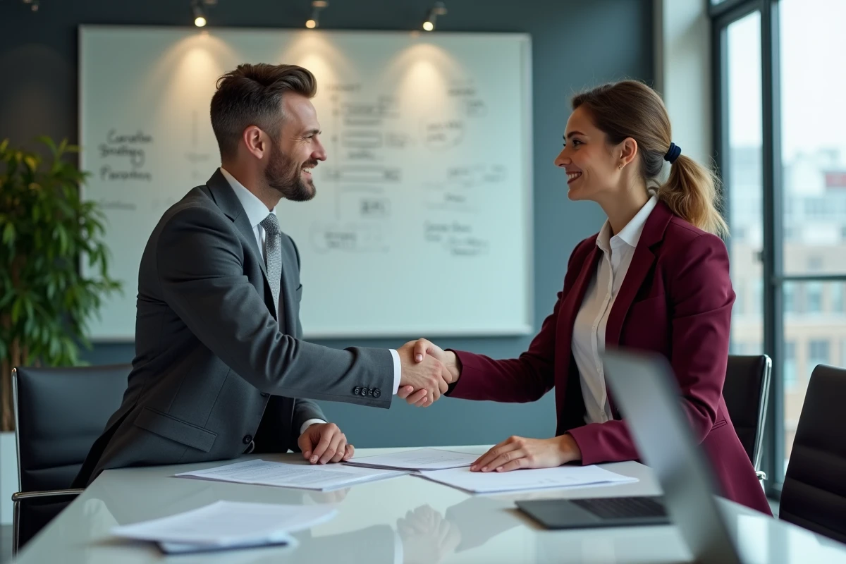 Deux professionnels B2B concluant un accord commercial lors d'une réunion client dans une salle de conférence moderne