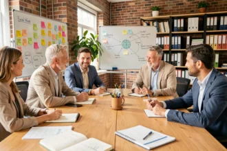 Équipe de professionnels de l'ESS en réunion collaborative dans un espace de co-working, entourés de tableaux de travail et de notes de projet pour accélérer le développement de leur structure